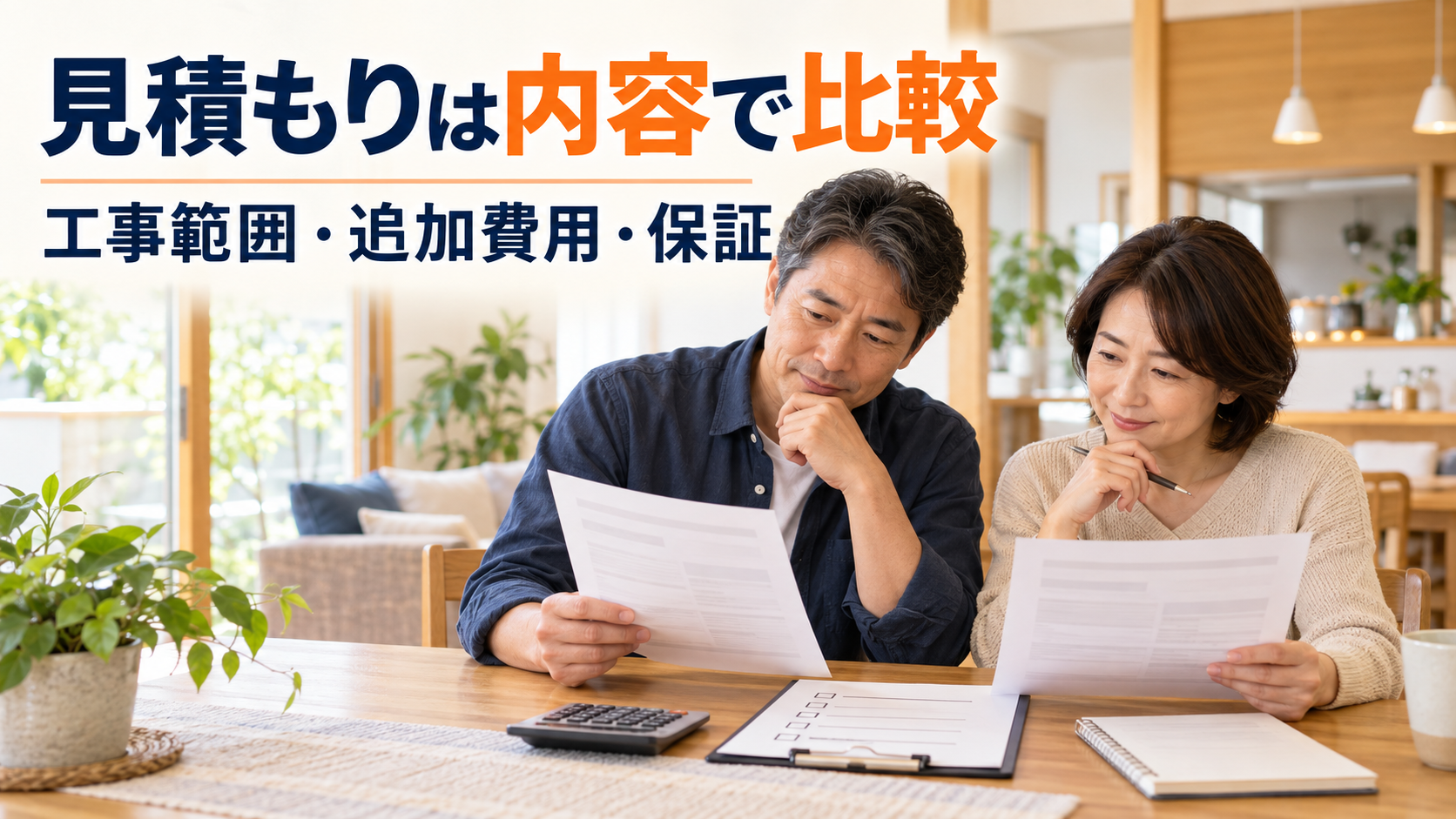 自宅で見積書とチェックリストを見比べ、設備や工事範囲を確認する夫婦