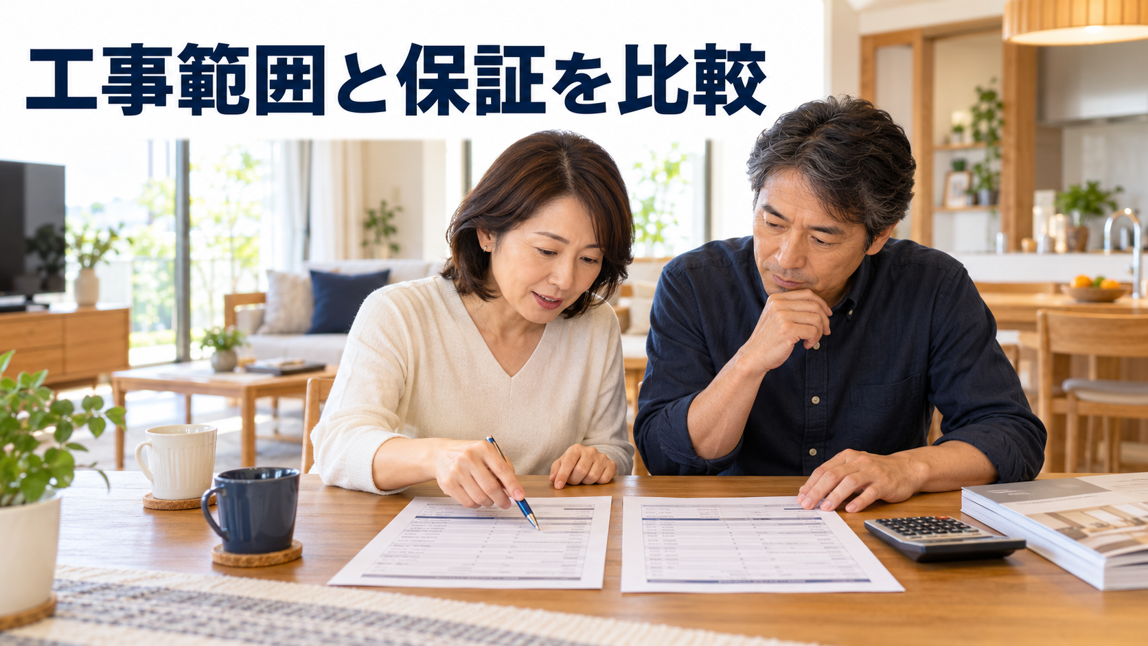 夫婦がリフォームの見積書を並べて工事範囲と保証内容を比較する様子