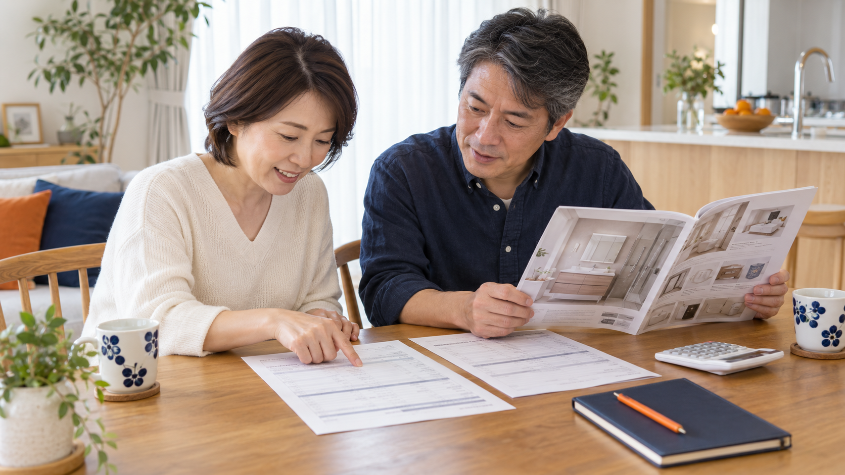 夫婦が水回り設備のカタログと見積書を見ながらリフォームの仕様や費用を比較する様子