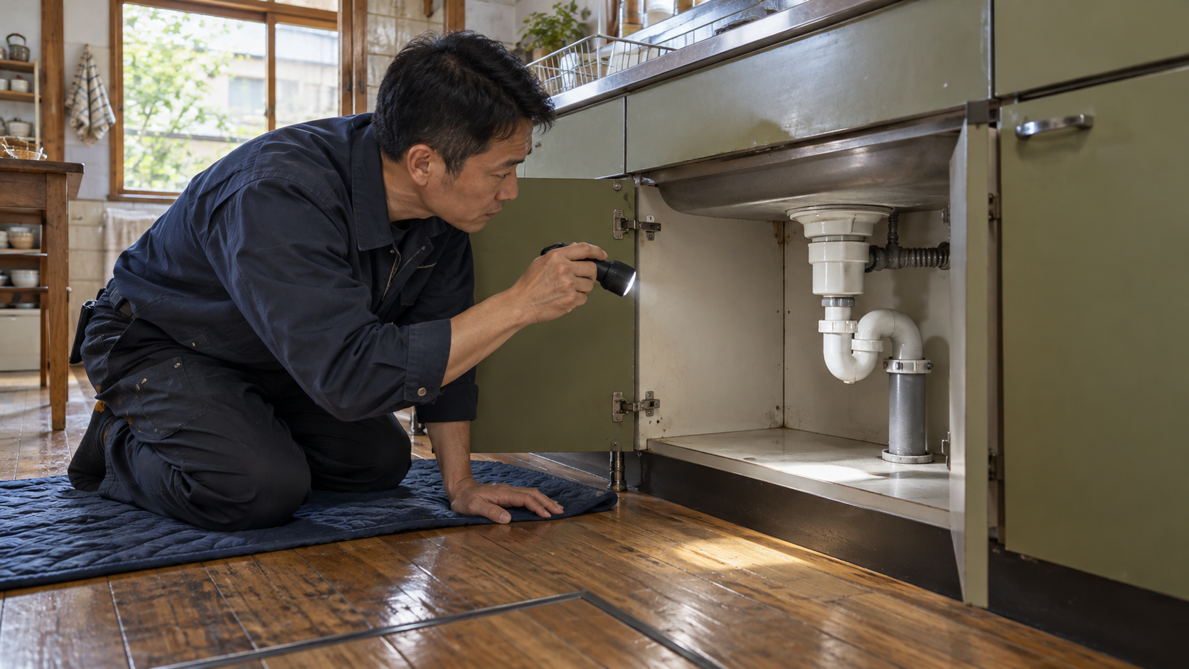 キッチンのシンク下で配管の状態を点検する作業員