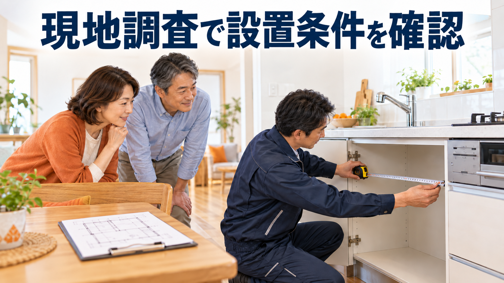 リフォーム担当者が現地調査でキッチンの寸法と設置条件を確認する様子