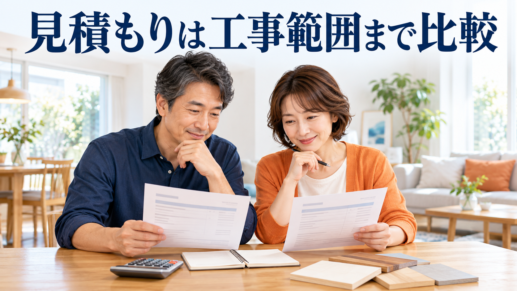 夫婦がリフォームの見積もりと工事範囲を比較する様子