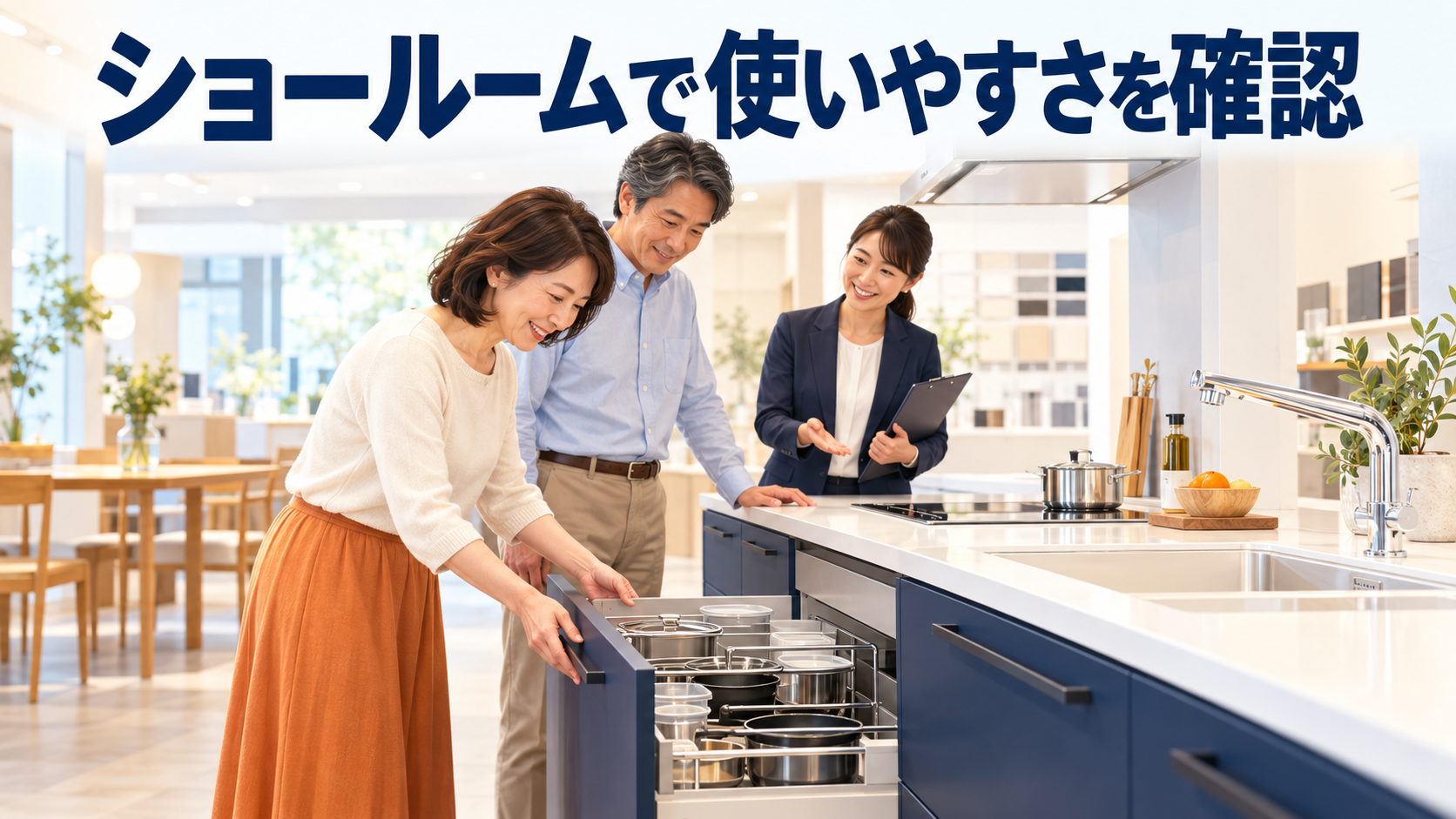 夫婦がショールームでキッチンの収納や使いやすさを確認する様子