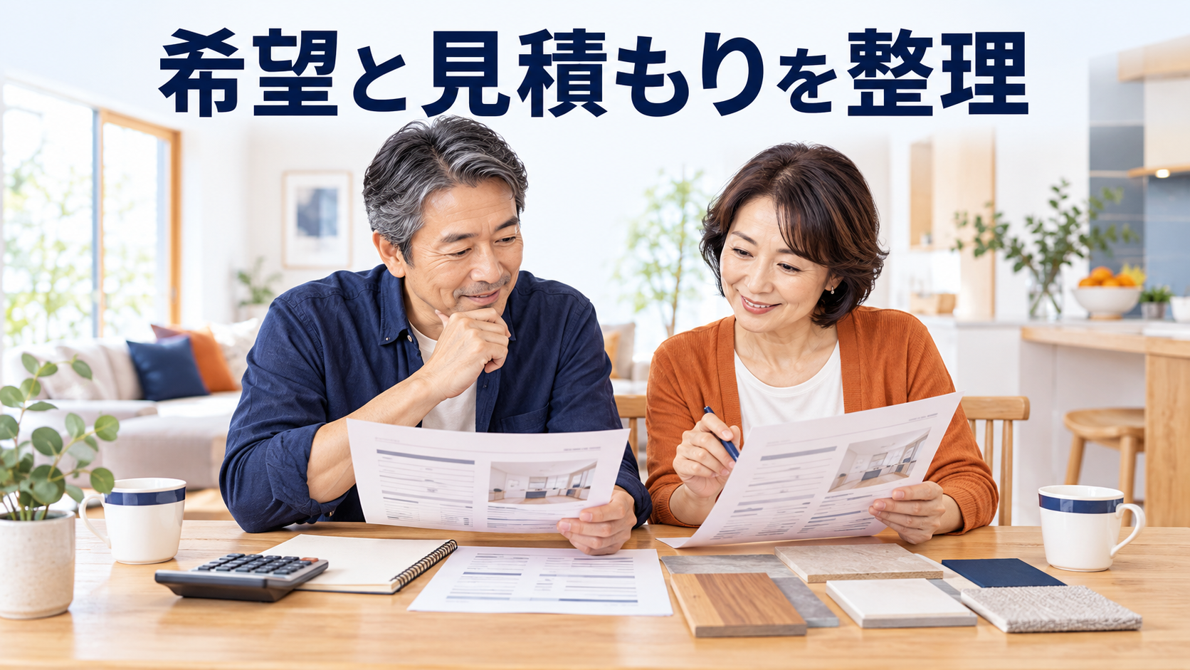 夫婦がリフォームの希望と見積もりを整理する様子