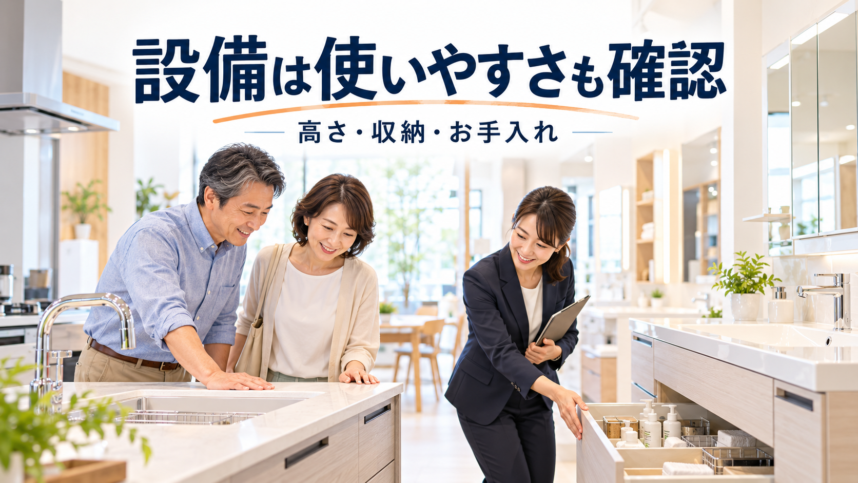 ショールームでキッチンの高さや洗面台の収納を確認し、設備の使いやすさを比較する夫婦