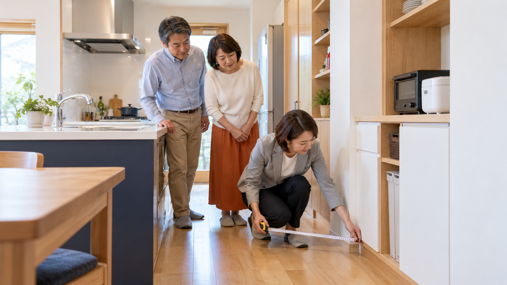 キッチンと収納の間の通路幅を測る担当者と見守る夫婦