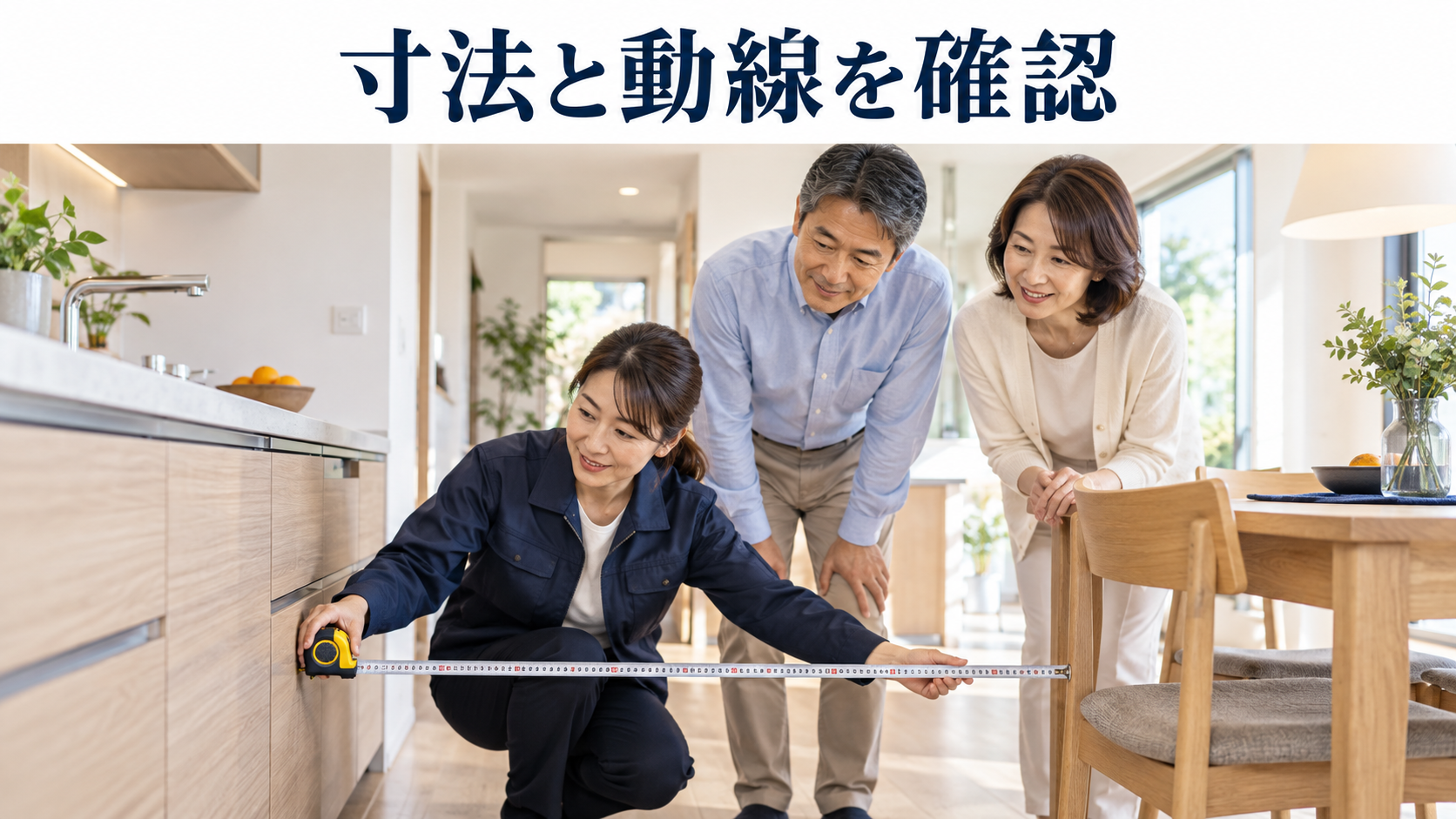 夫婦が見守る中、担当者がキッチン周辺の寸法と生活動線を確認する様子