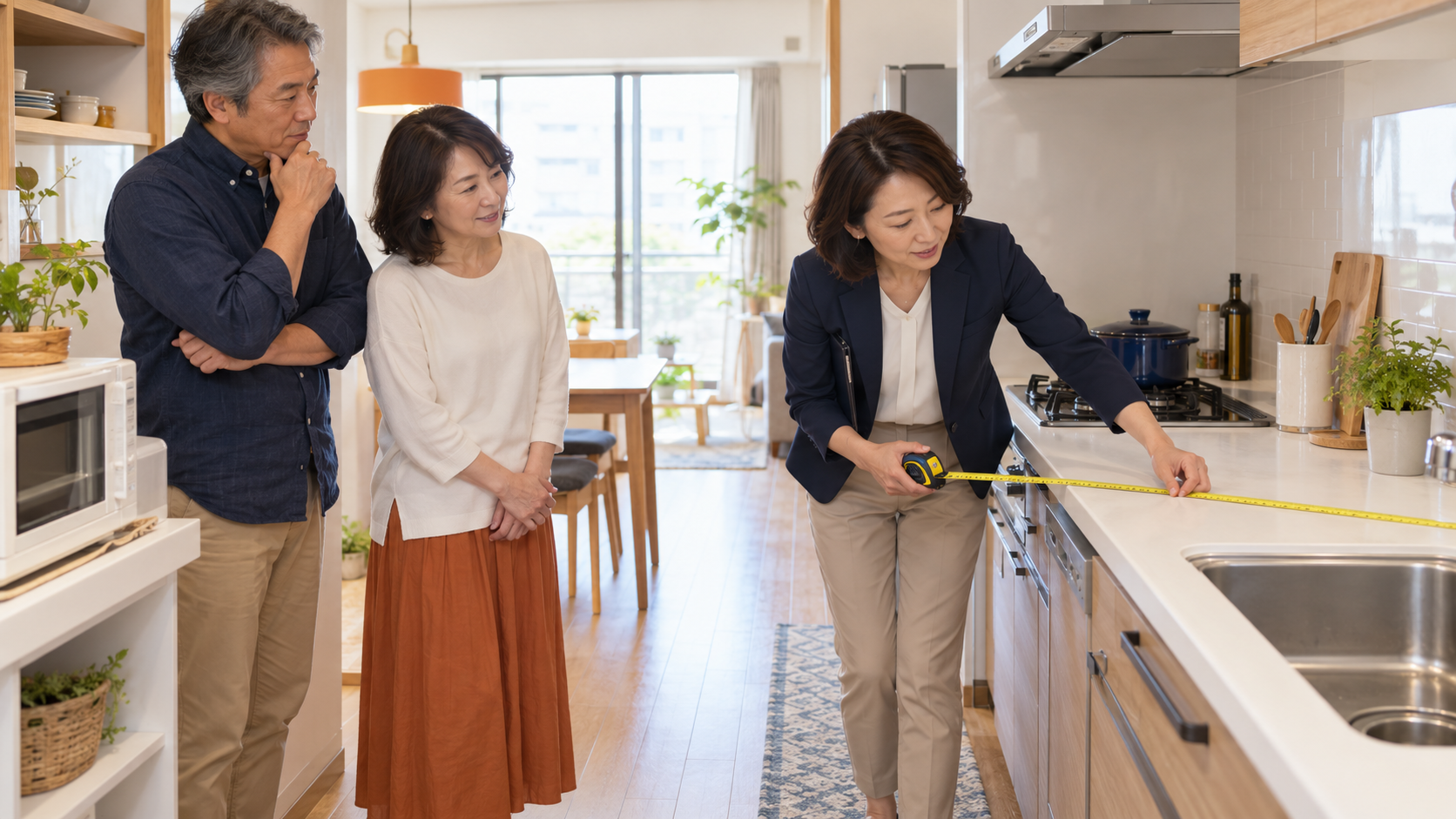 夫婦が見守る中で担当者がキッチンの寸法を測る現地調査