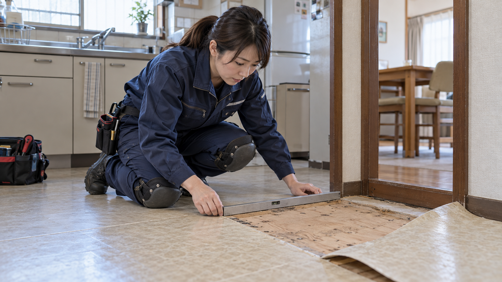 床材を一部めくった場所で水平器を使い床下地の状態を確認する調査員