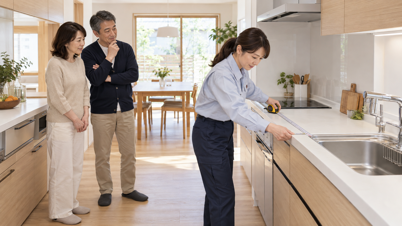 夫婦が見守る中で担当者がキッチンの寸法を確認する現地調査の様子