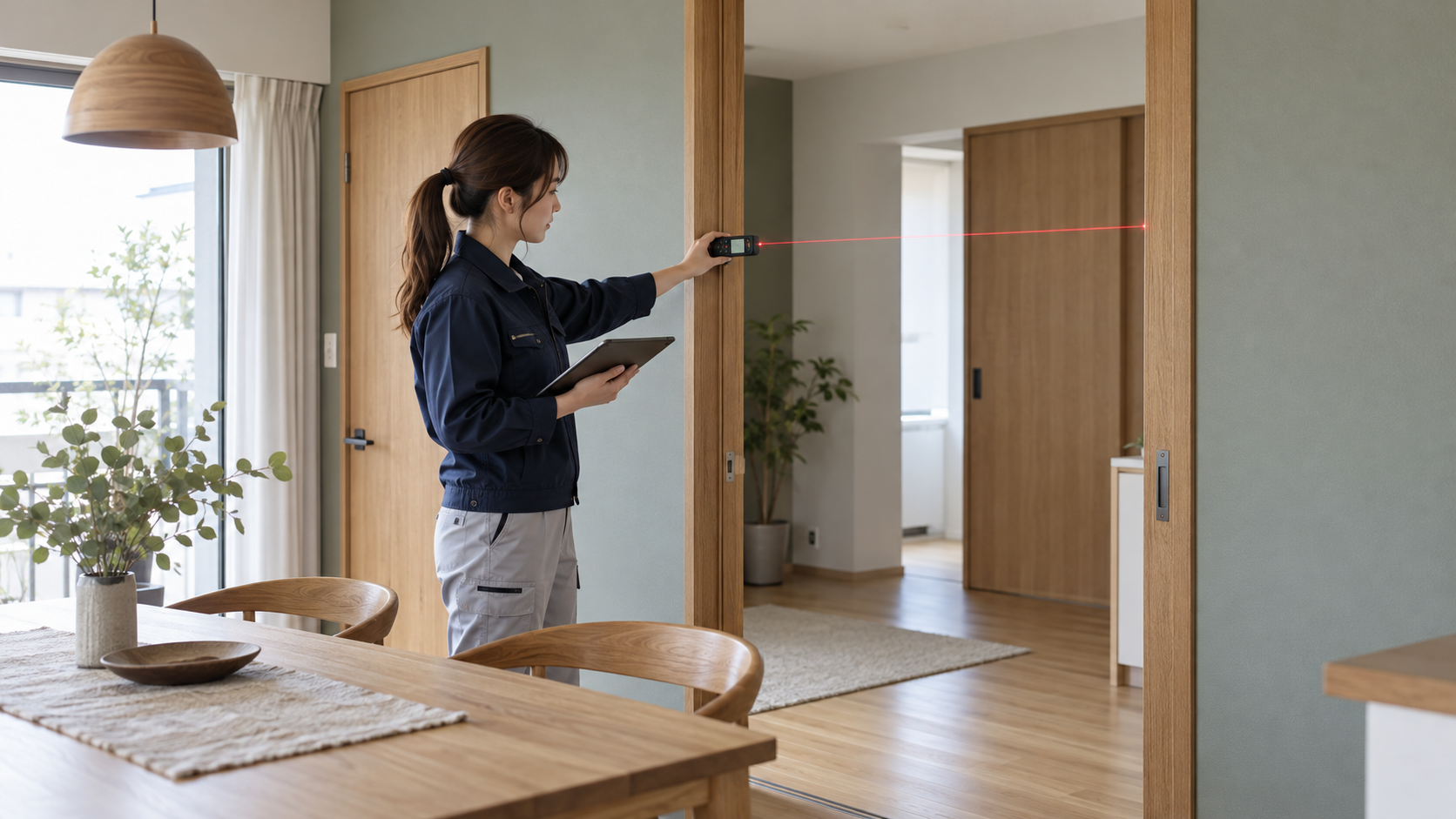 タブレットを持ちレーザー距離計で室内の開口幅を調べる女性技術者