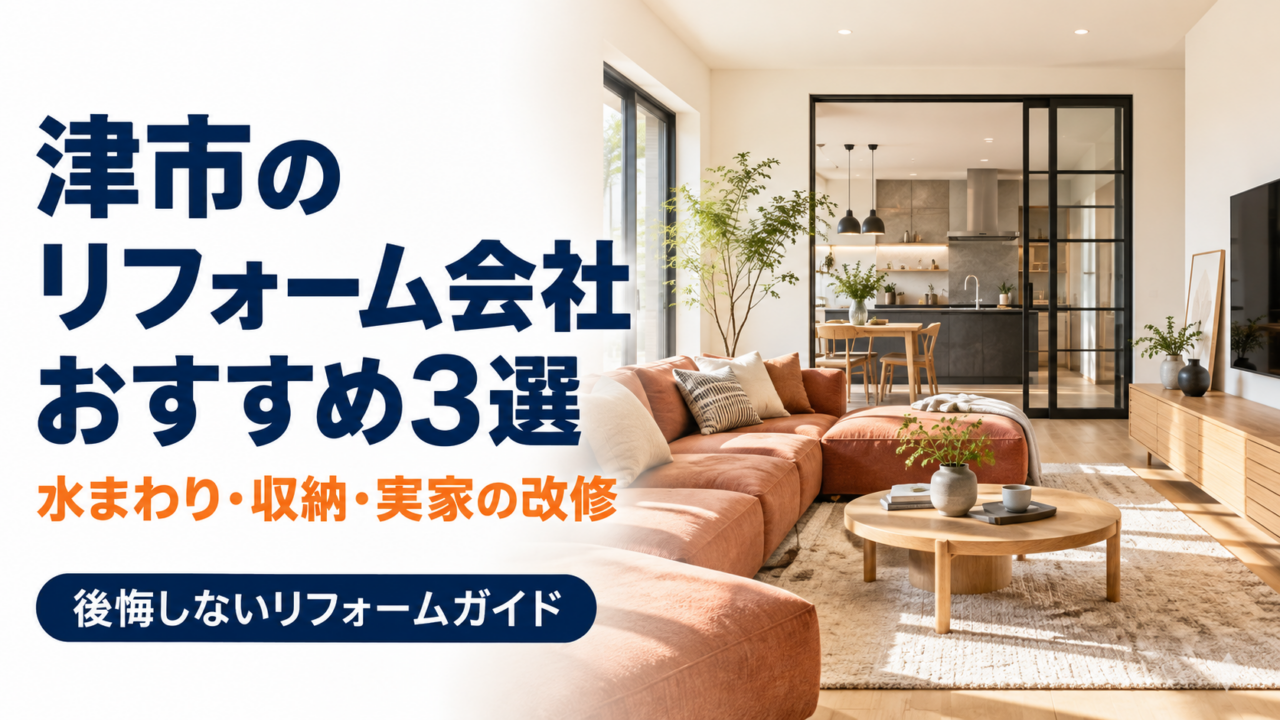 津市のリフォーム会社おすすめ3選と書かれた、現代的なリビングとキッチンのアイキャッチ画像