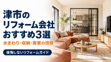 津市のリフォーム会社おすすめ3選と書かれた、現代的なリビングとキッチンのアイキャッチ画像