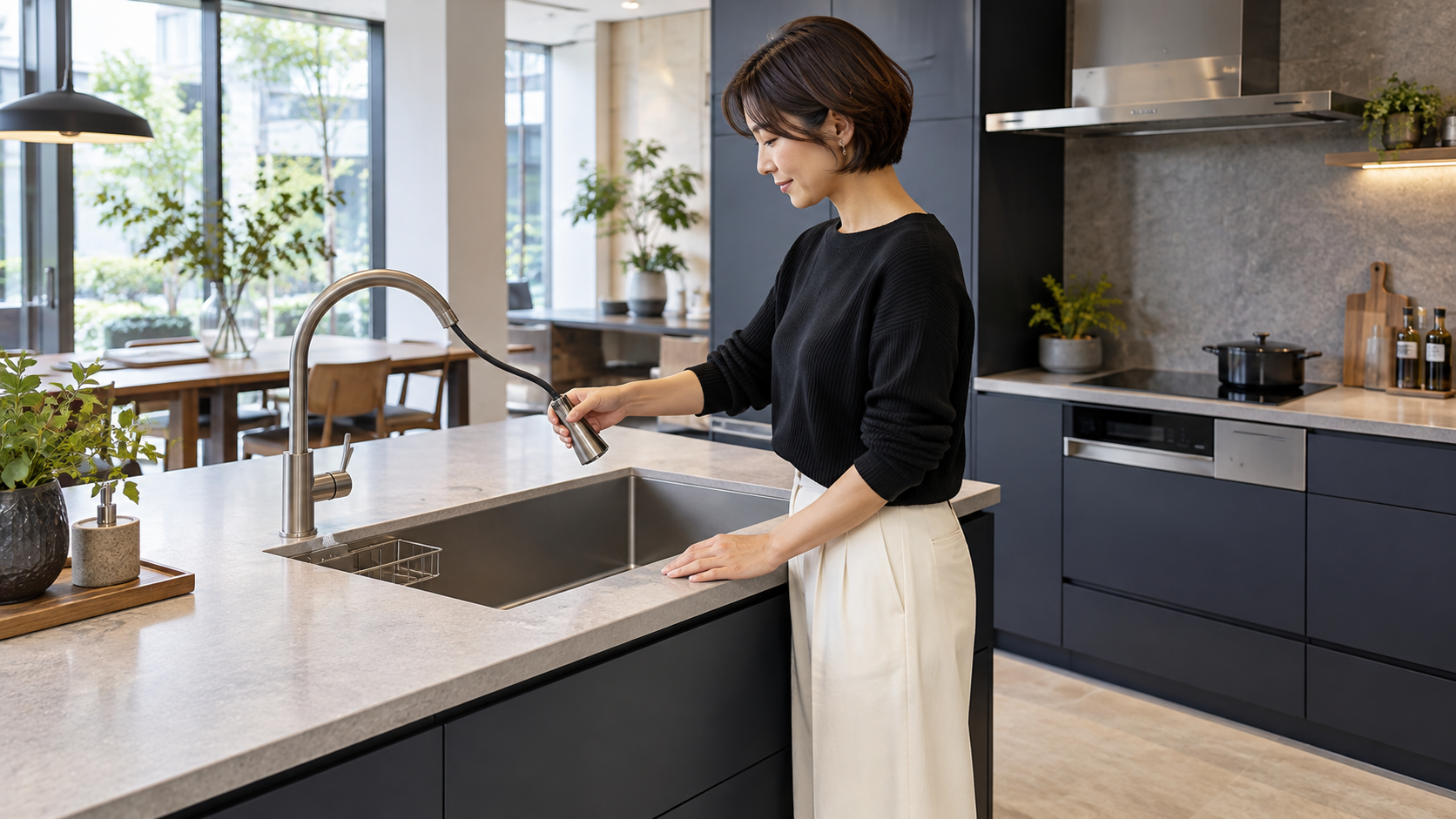 現代的なキッチンで引き出し式水栓の使いやすさを確認する女性