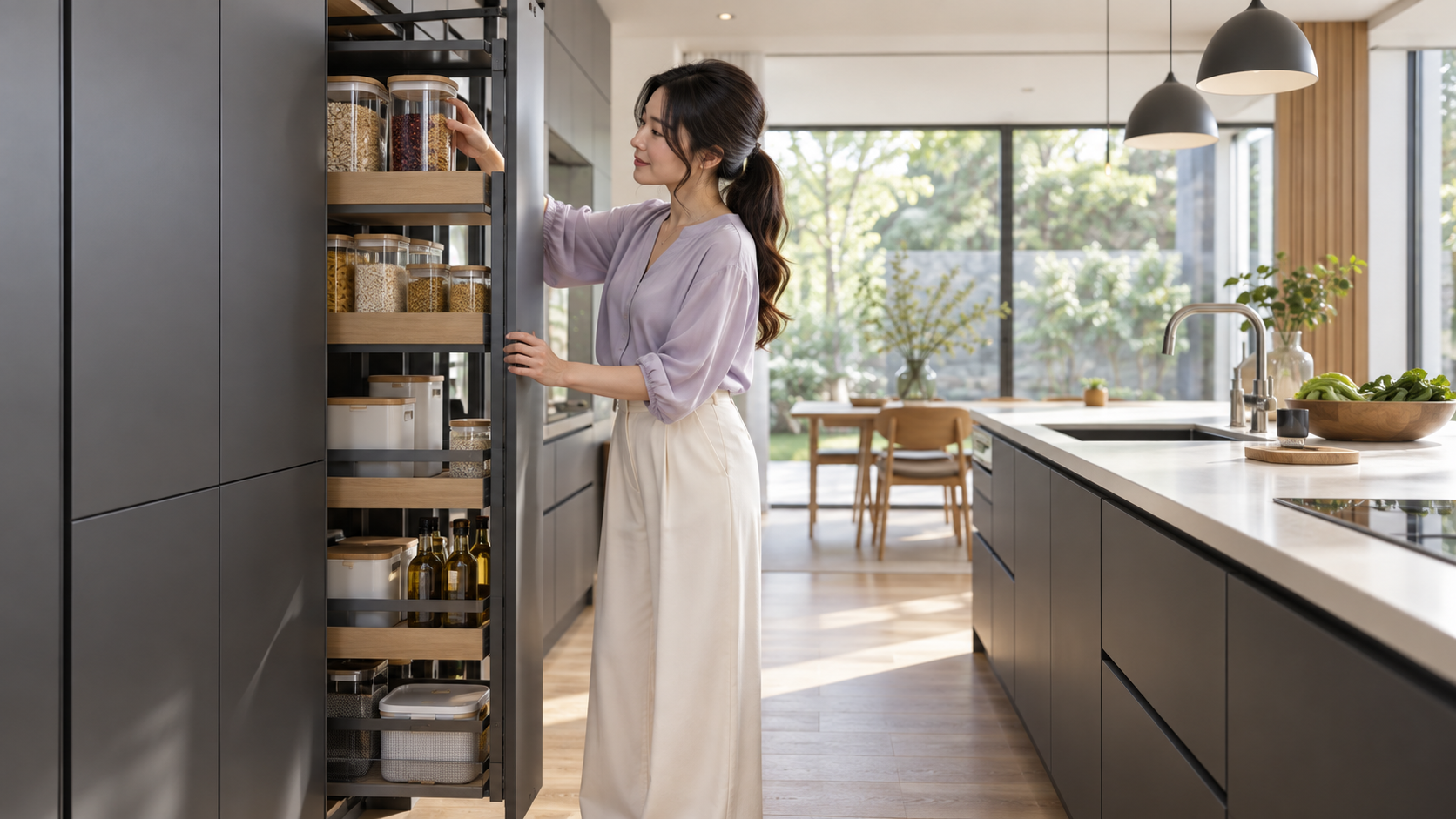 現代的なキッチンで引き出し式パントリーの使い勝手を確認する女性