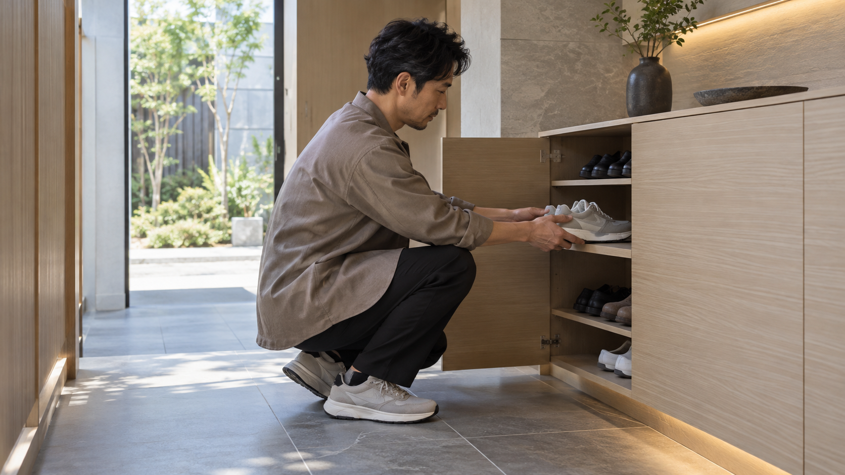 玄関収納にスニーカーを入れて棚の使いやすさを確認する男性