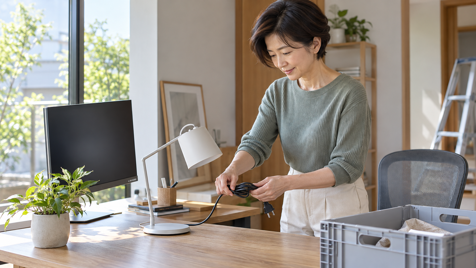 リフォーム前にデスクライトのコードをまとめて片付ける女性