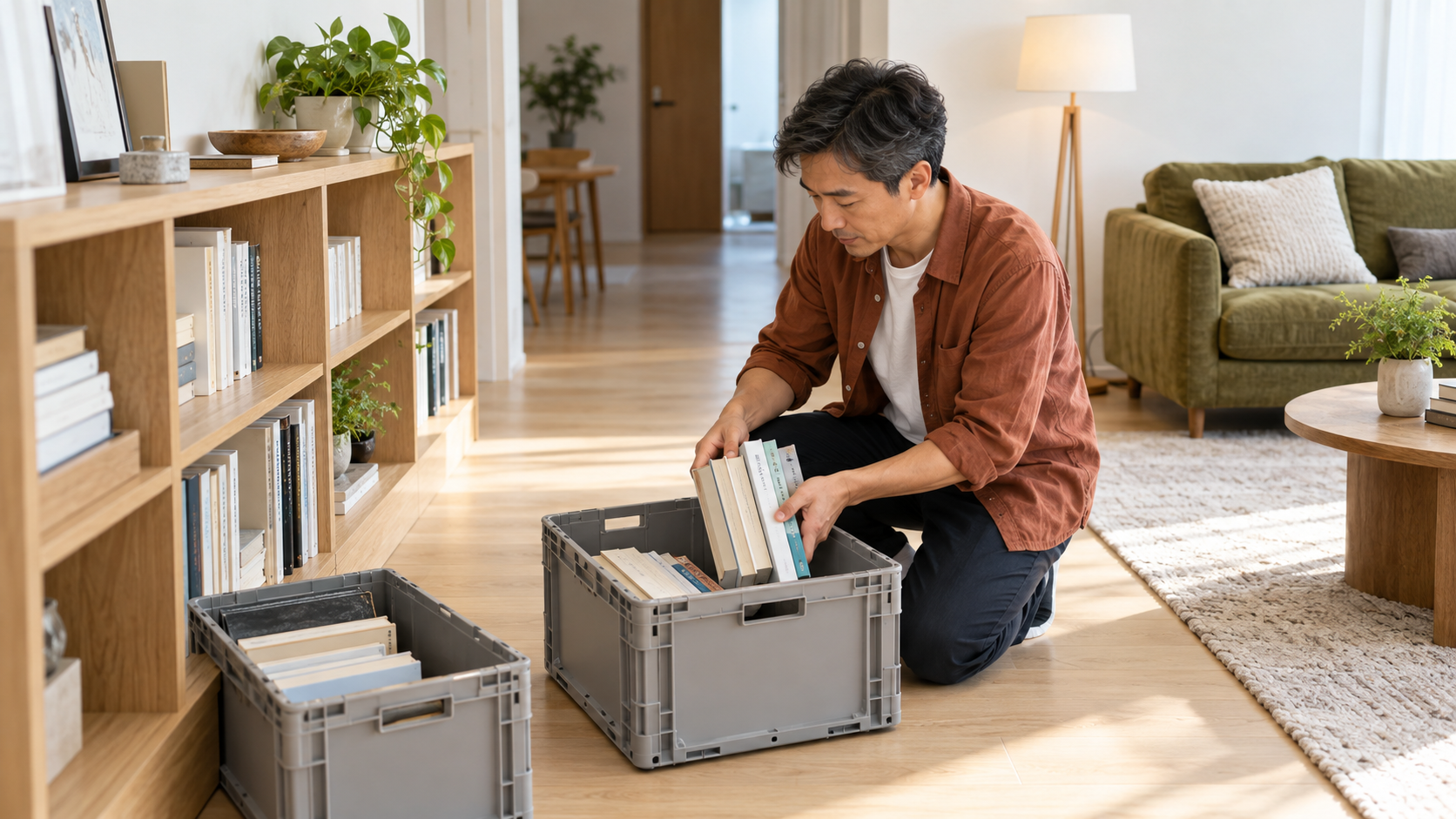 リフォーム前のリビングで本を収納ケースに移して整理する男性