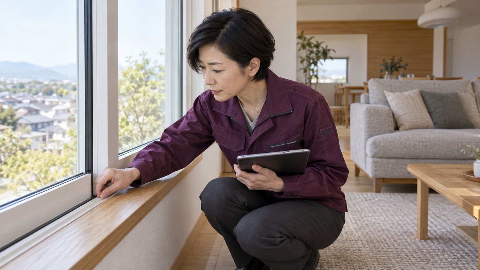 タブレットを持ちながら窓枠の下部を点検する女性調査員