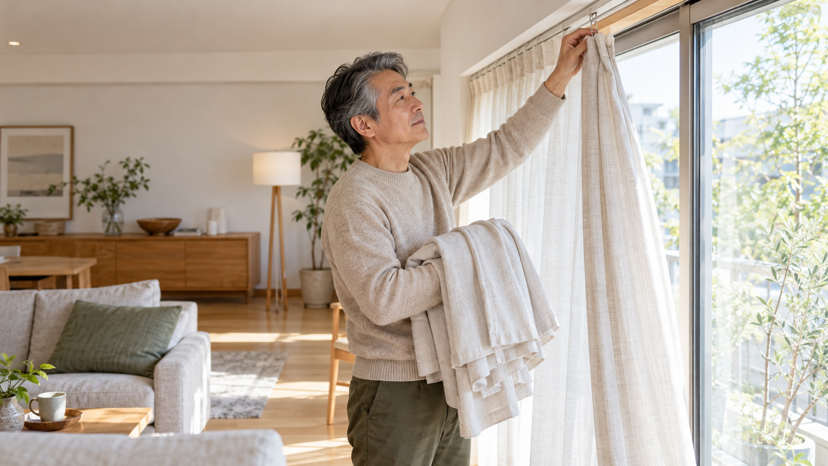 リフォームに備えてリビングのカーテンを外す男性