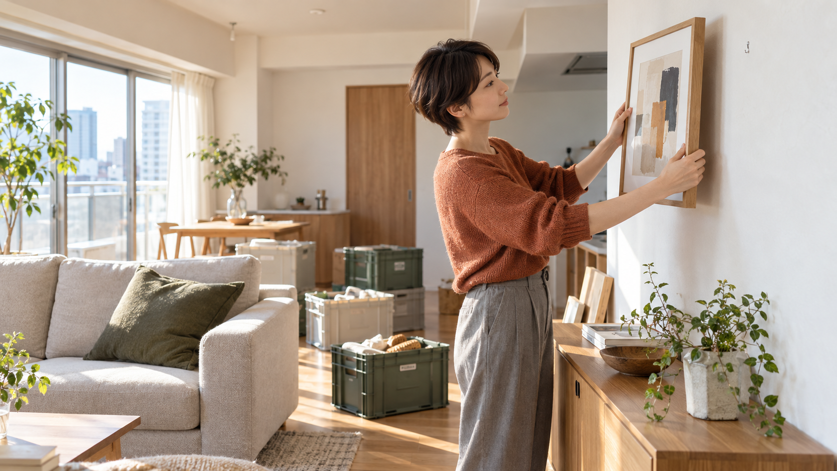 リフォーム前の明るいリビングで壁に掛けた額縁を外す女性