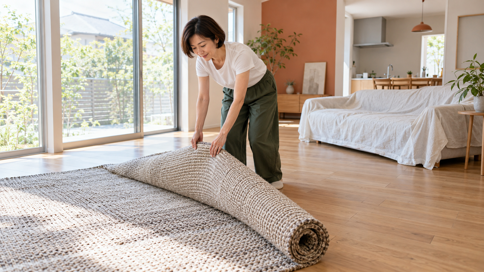 リフォームに備えてリビングのラグを巻いて片付ける女性