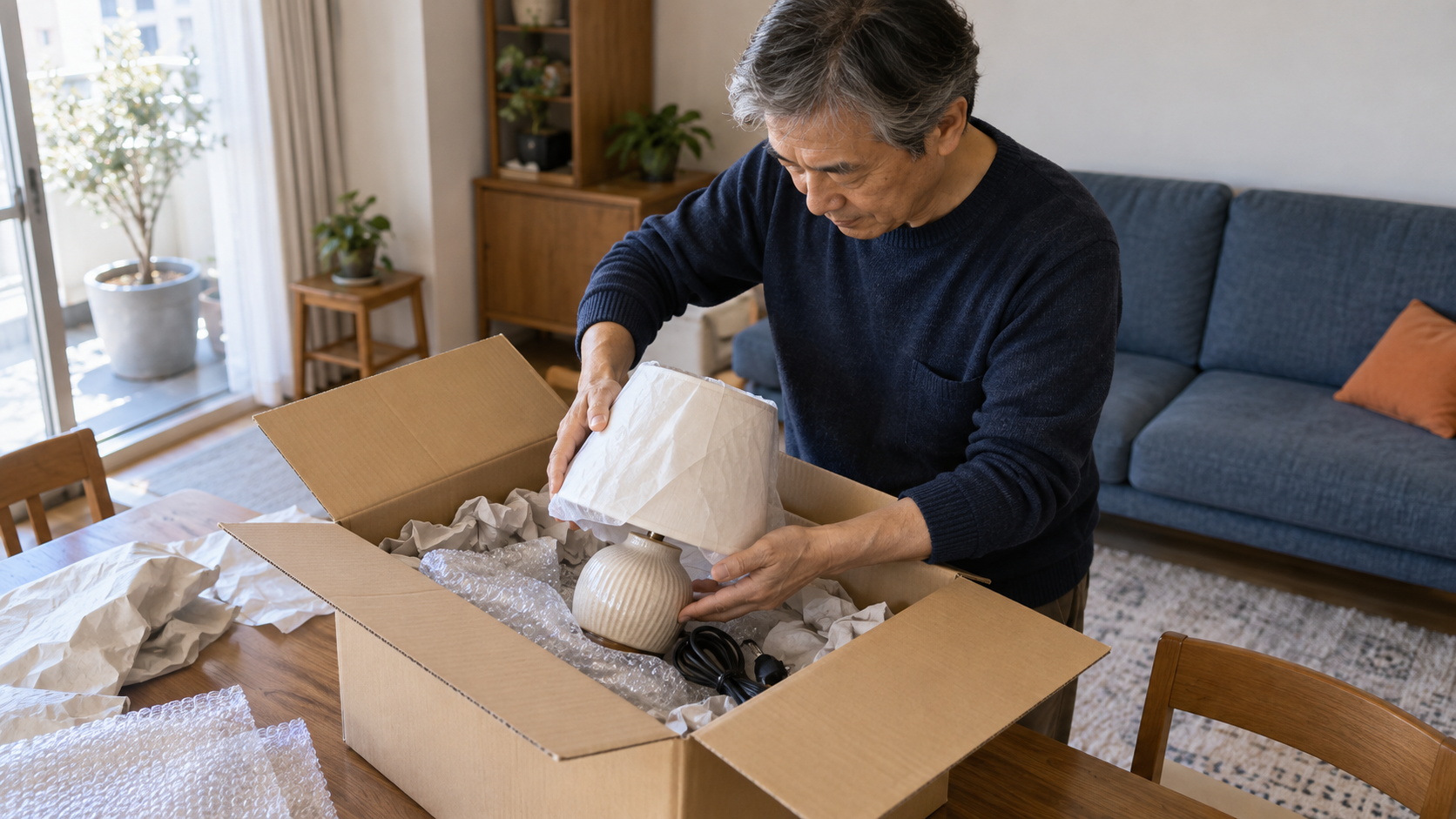 リフォーム工事前に卓上照明を緩衝材で包んで箱に収める男性