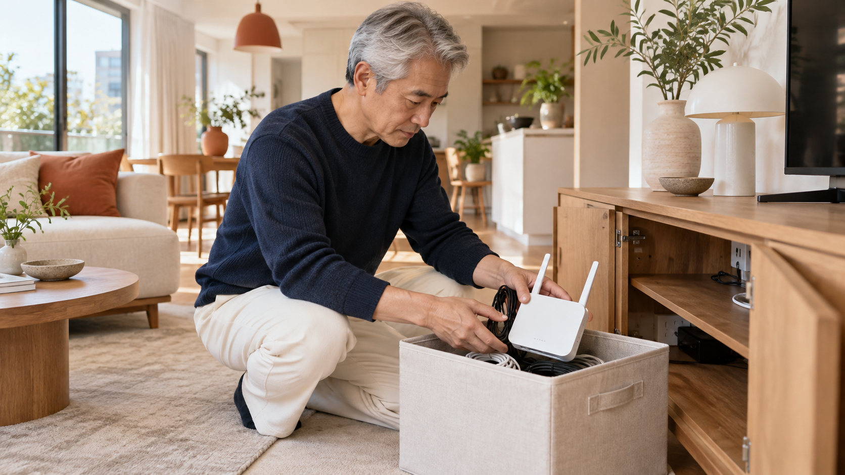 リフォームに備えてリビングでルーターとケーブルを収納箱に整理する男性