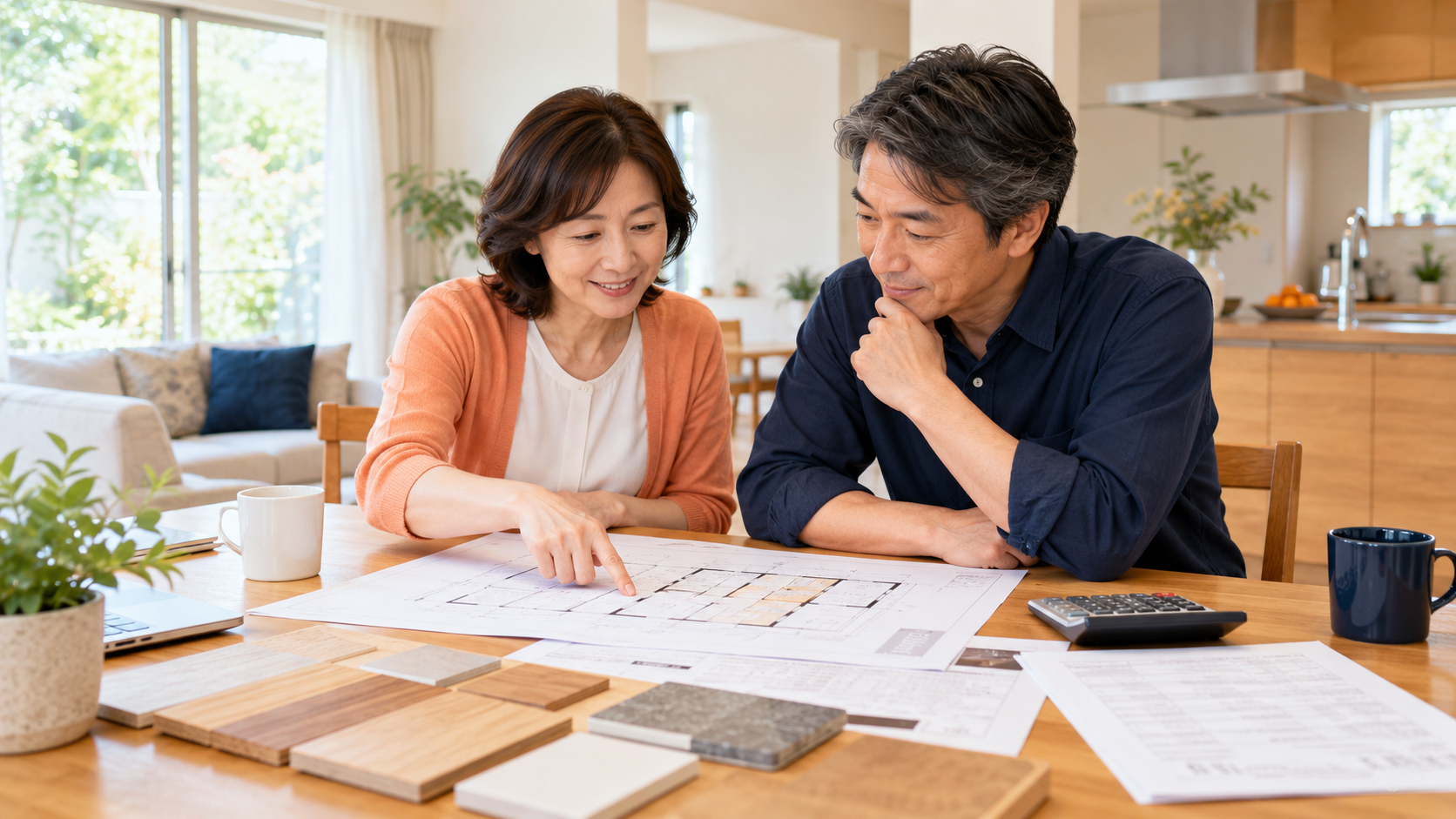 間取り図と見積書を見ながらリフォームの工事範囲を確認する夫婦