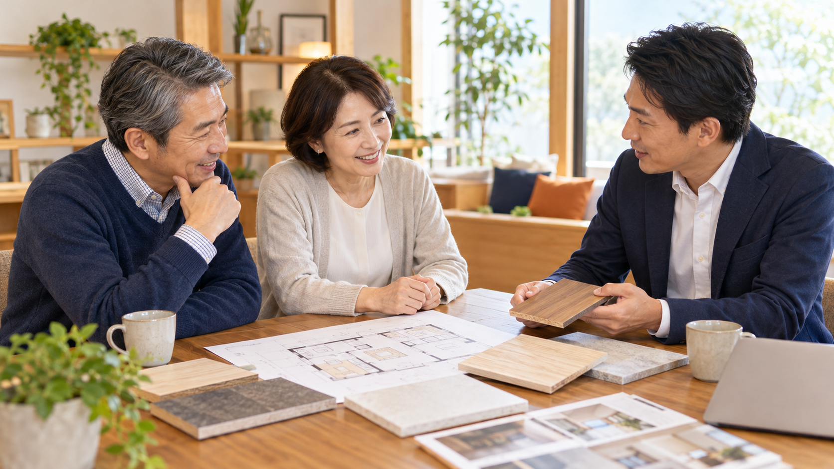 夫婦が担当者と図面や建材を見ながらリフォームを相談する生成イメージ
