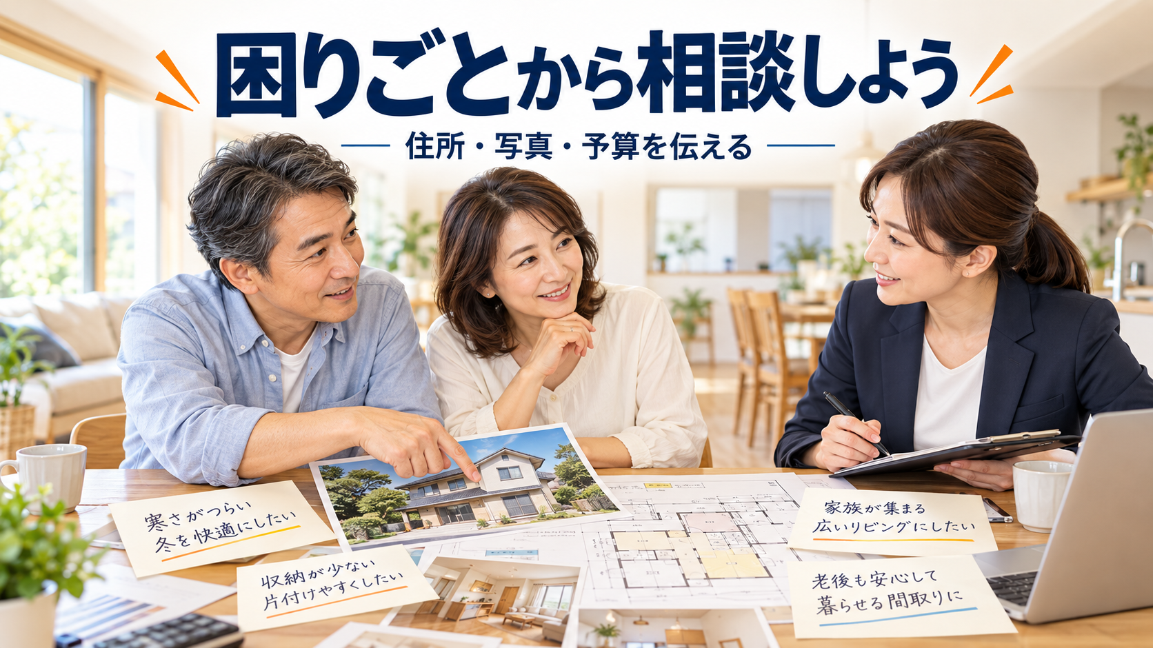 自宅の写真と図面、困りごとのメモを見ながら、リフォーム担当者に相談する夫婦