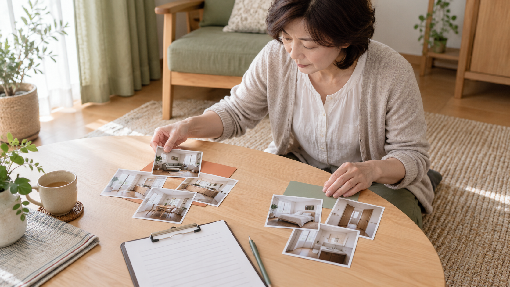 住まいの写真を整理しながらリフォームする場所を検討する女性