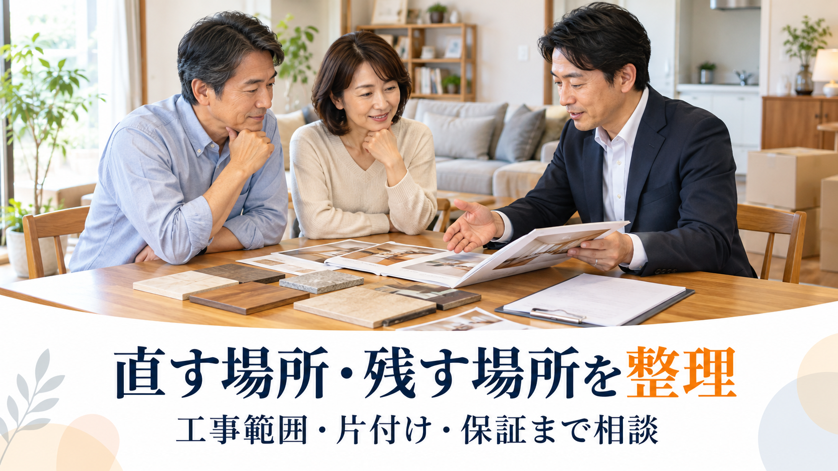 リフォームで直す場所と残す場所、片付けや保証について担当者と相談する夫婦のイメージ
