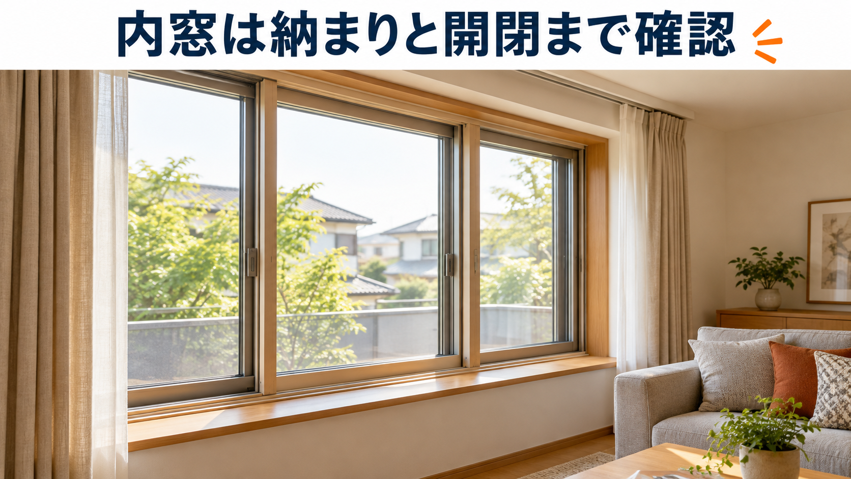 既存窓の室内側に内窓を設置し、窓辺の納まりを整えたリビングのイメージ
