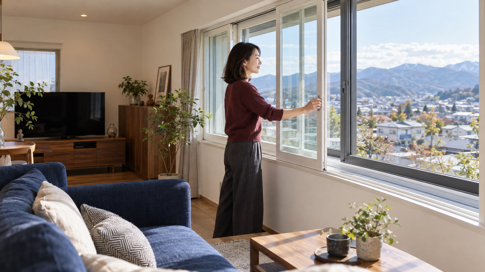 リビングの窓辺で内窓の開閉を確認する女性