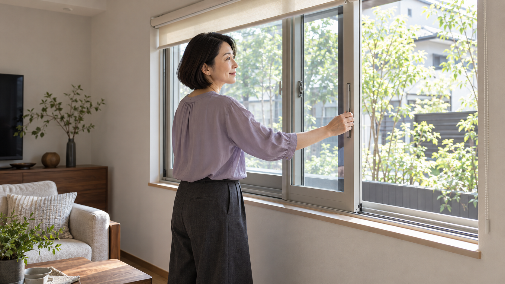 リビングの内窓を開けて操作性を確認する女性