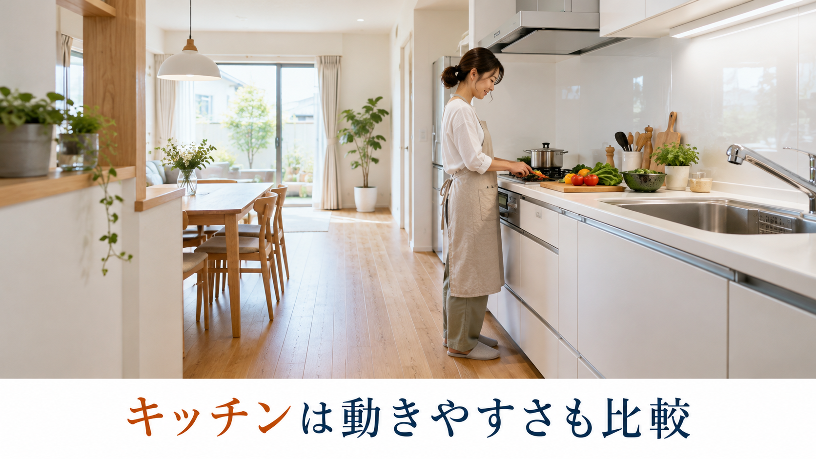 I型キッチンの作業場所と通路の使いやすさを確認するイメージ