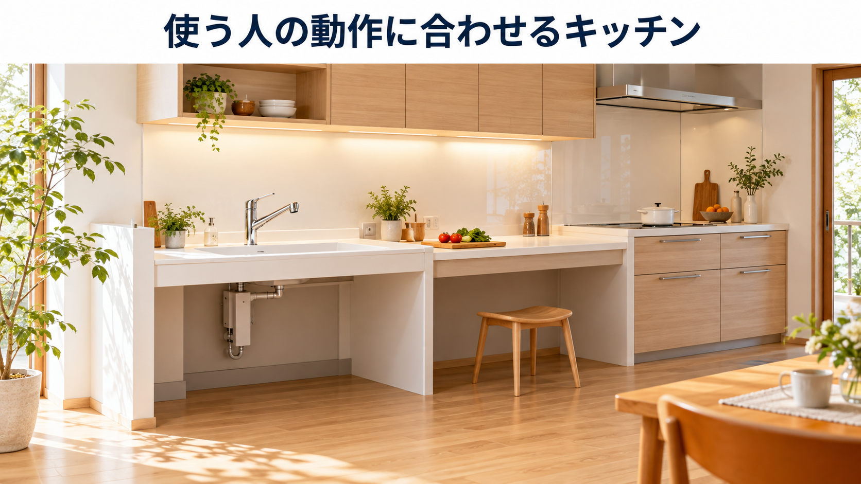 座って使う動作に配慮し、シンクと作業台の下に足元の空間を設けたキッチンのイメージ