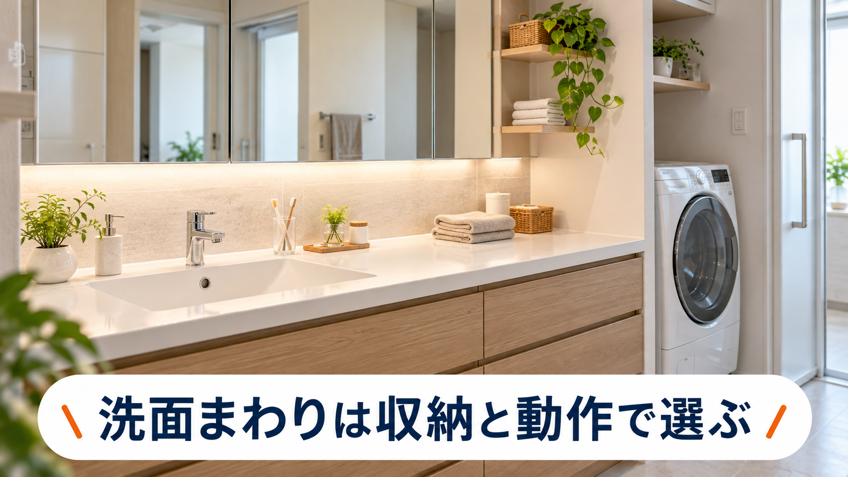 広いカウンターと引き出し収納を備え、使いやすさを整えた洗面所のリフォームイメージ