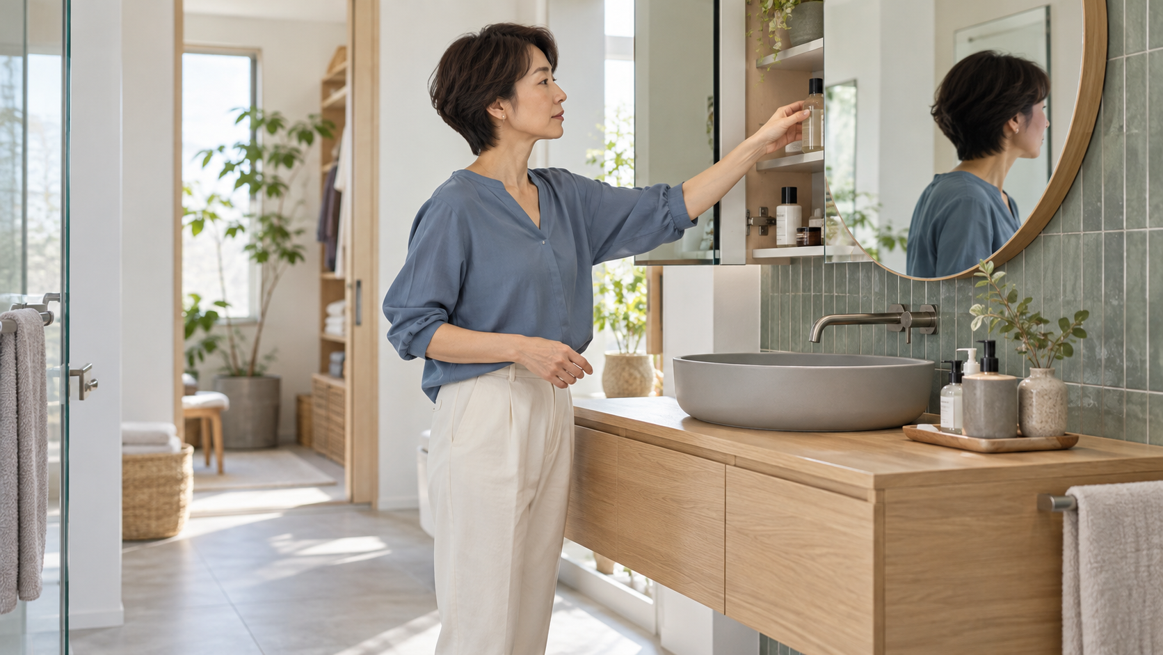 洗面所の収納棚に手を伸ばして使い勝手を確認する女性