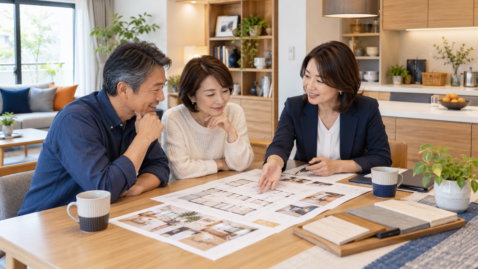 間取り図を見ながら収納や住まいの希望を担当者に相談する夫婦