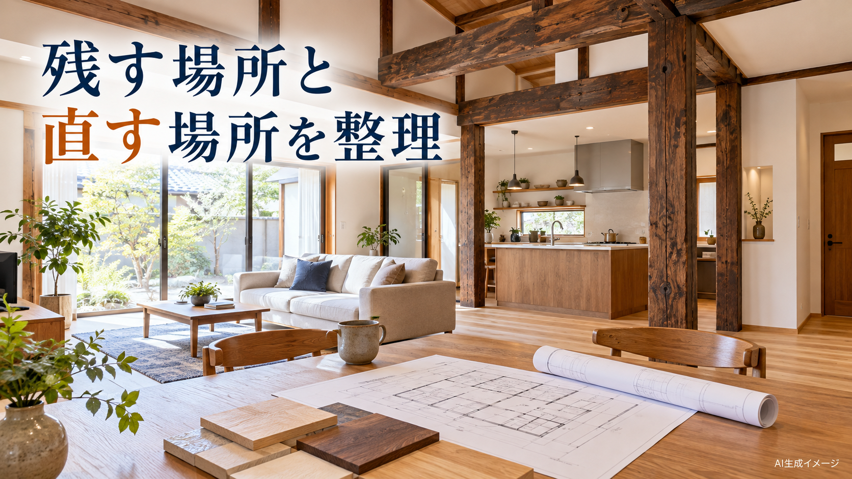 柱や梁を残したLDKで図面と素材見本を使い改修範囲を考えるイメージ