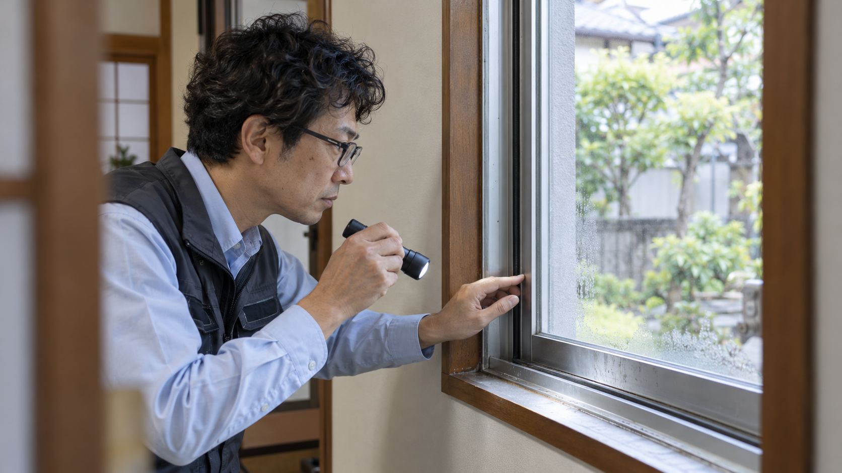 懐中電灯を使って窓枠とパッキンの状態を確認する住宅調査員