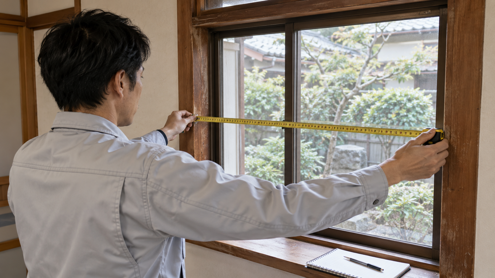 リフォームの現地調査で窓枠の幅をメジャーで測る作業員