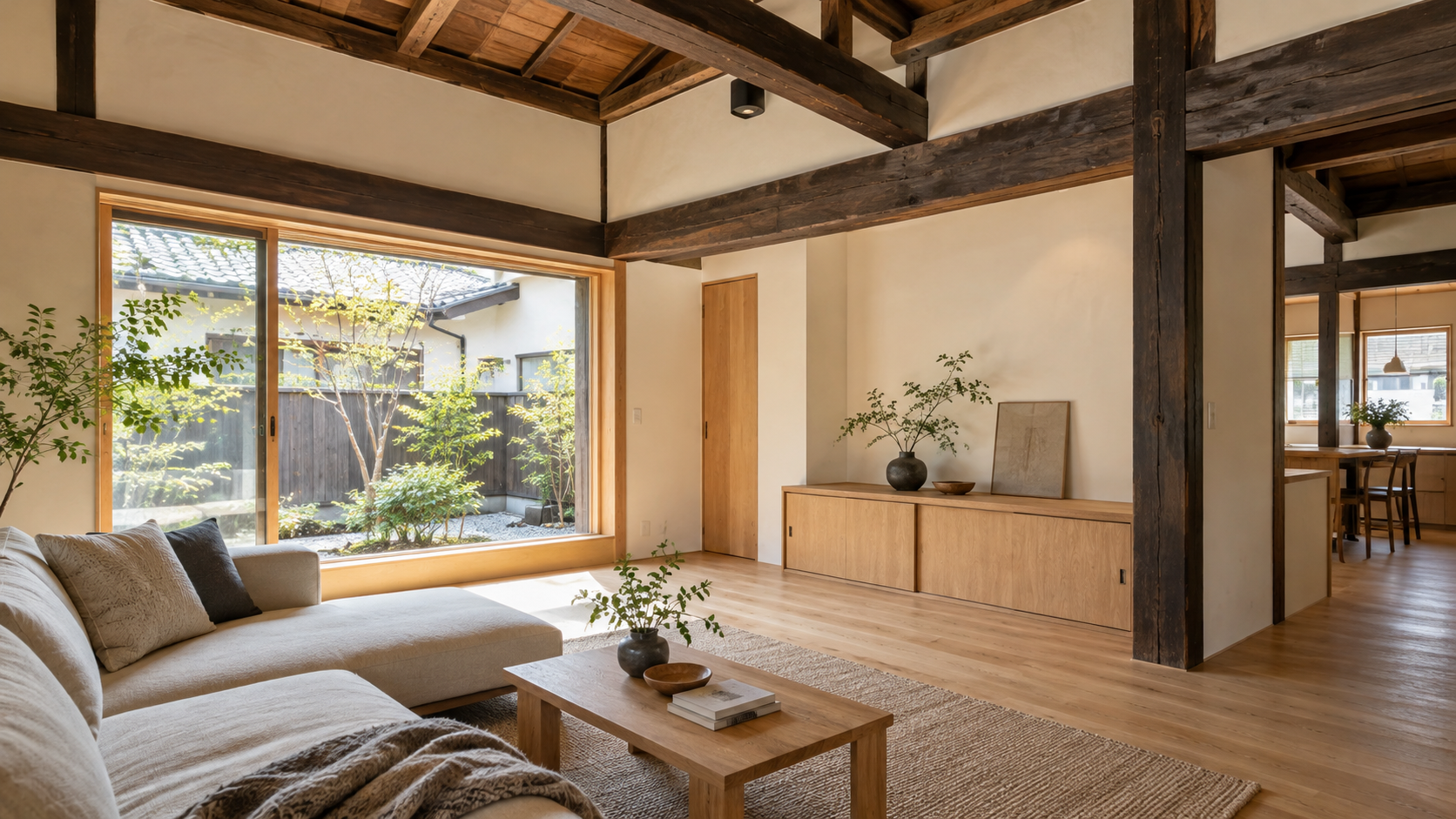 既存の梁を生かし、明るい木の床と庭に面した窓を備えたリノベーション空間のイメージ