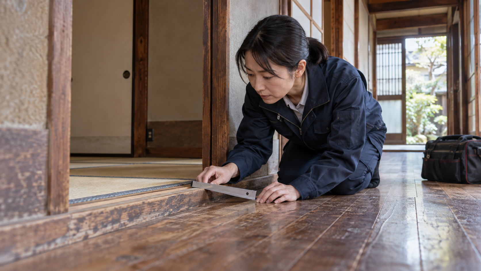 和室と廊下の境目で床の段差を確認する住宅調査員