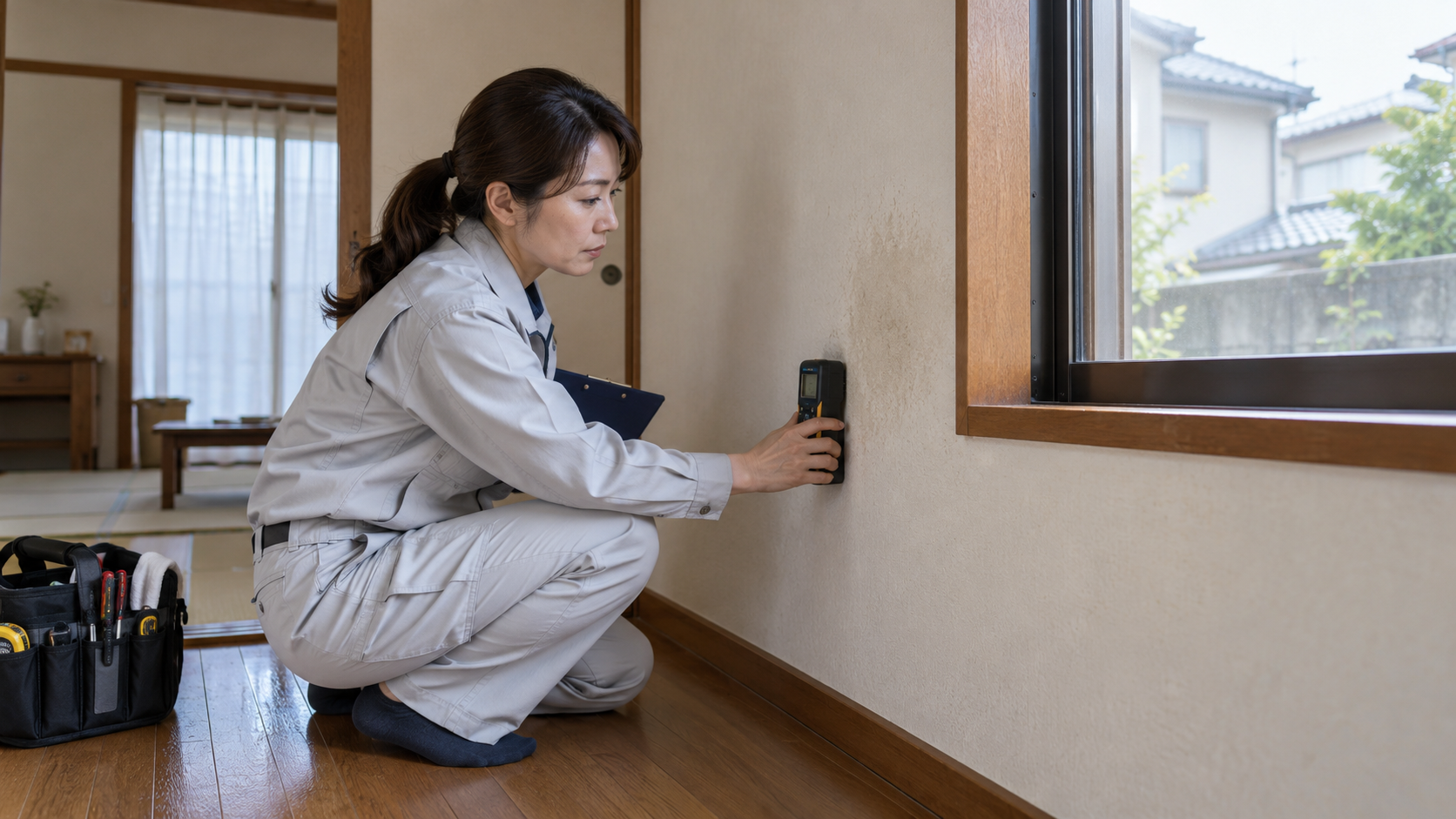 窓際の壁に測定器を当てて状態を調べる住宅調査員