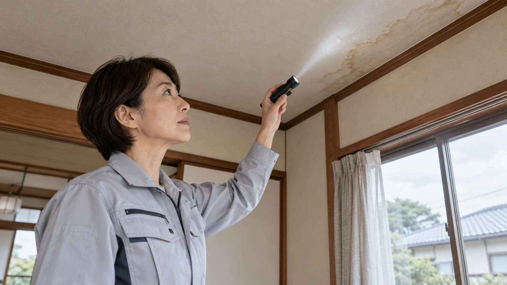 懐中電灯で天井の染みを確認する住宅調査員