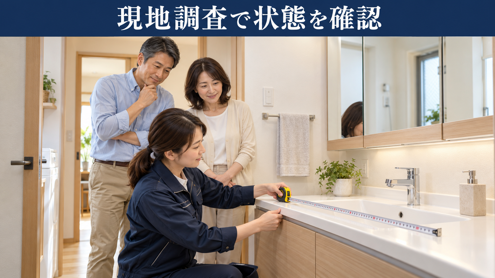 リフォーム担当者が夫婦の立ち会いのもと洗面台の寸法を確認する様子