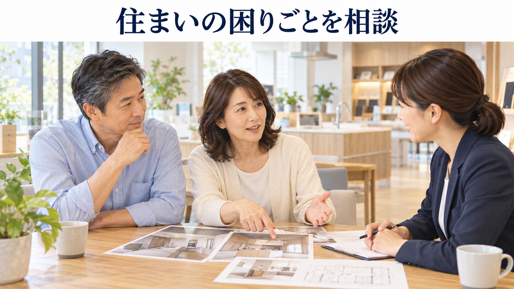 夫婦が住まいの写真を見せながらリフォーム担当者に困りごとを相談する様子